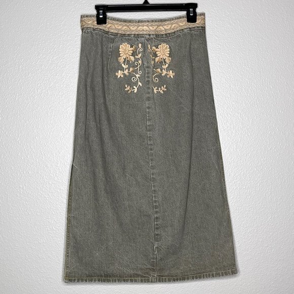 Willi Smith Gray Distressed‎ Faded Tan Embroidery Skirt Size 8 - Picture 2 of 14